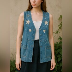 Vintage Fran’s Dallas Denim Vest Star & Heart Appliqué | 90s Y2K Western Boho